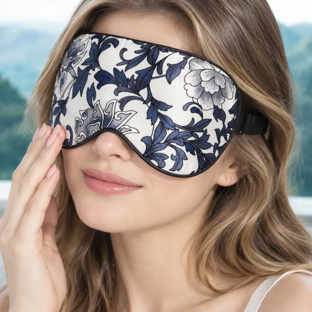 Soft Portable Silk Sleep Mask Floral Pattern Pure Silk Travel Blindfold Adjustable Strap Night Eyepatch Night Sleep Relax Aid
