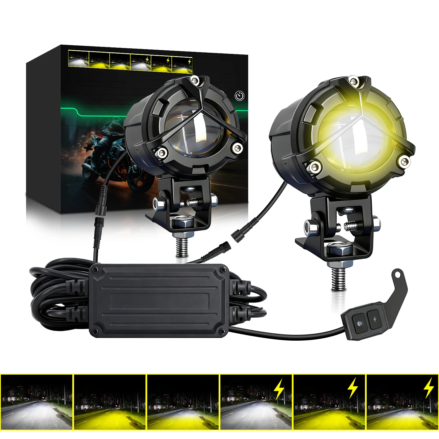 2Pcs Motorcycle Headlight Fog Lights White High Yellow Low Beam 20W 3000LM 6 Modes LED Spotlight for Motorcycle Scooter Tractor