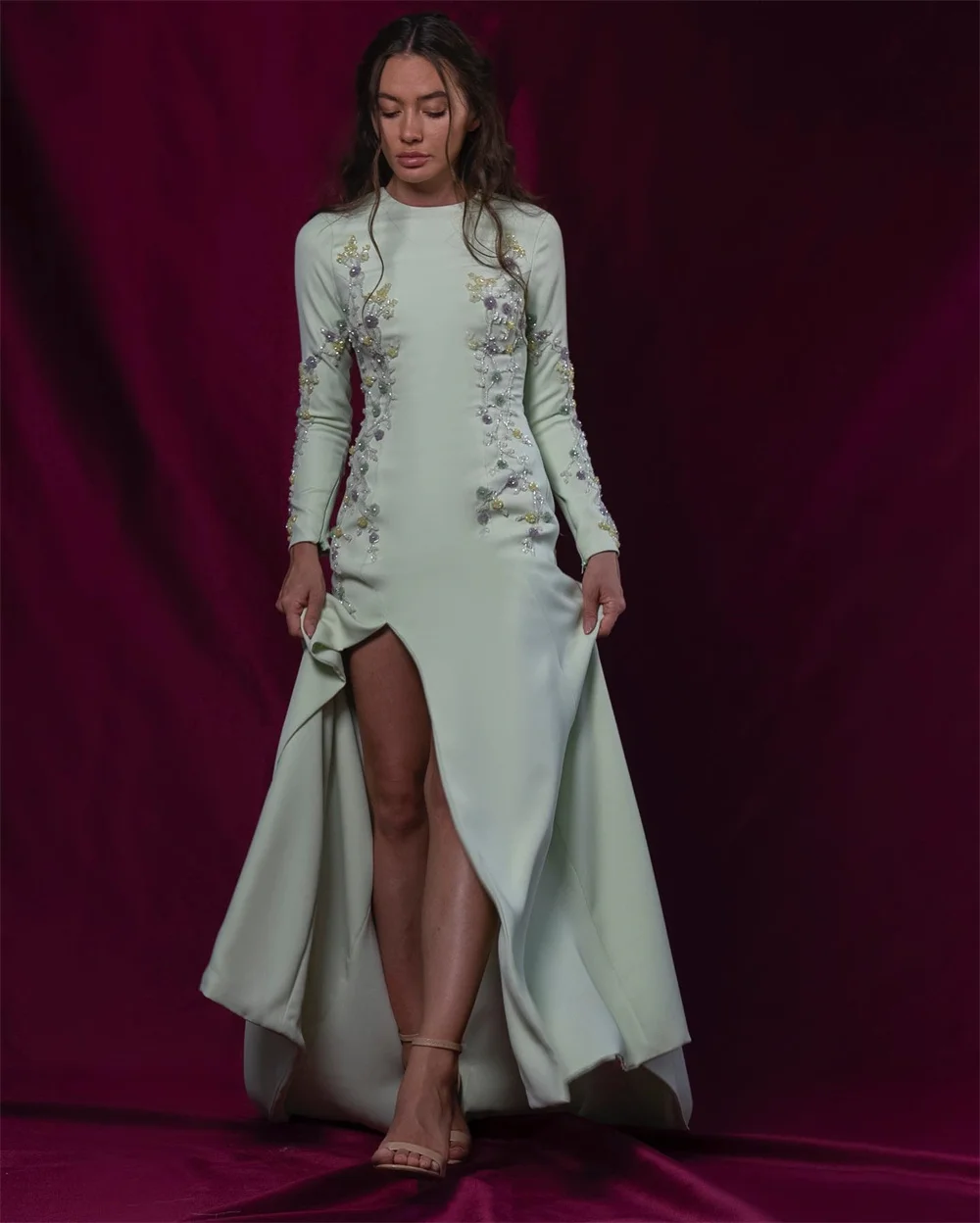 Fairytale Prom Dresses Eleagnt O-Neck Slit Mermaid Flower Party Dress Floor Length Long Sleeve Formal Evening Gowns Customized