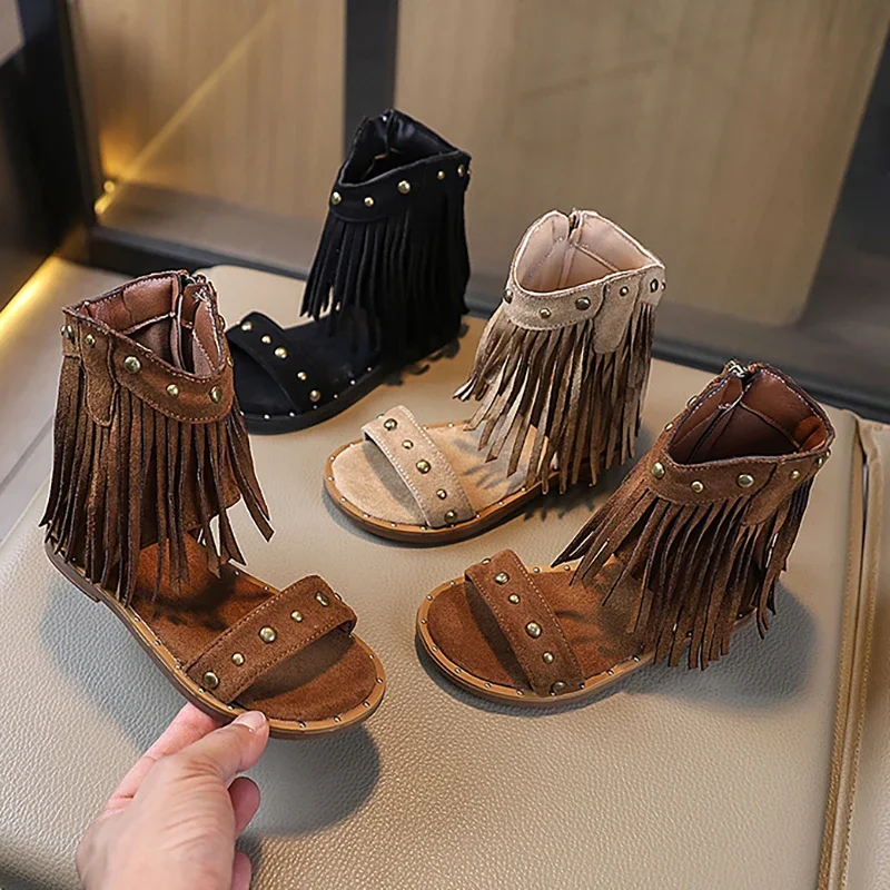 

Детские сандалии, новинка лета 2024, римские сандалии для девочек, модная повседневная пляжная обувь в богемном стиле с кисточками для малышей