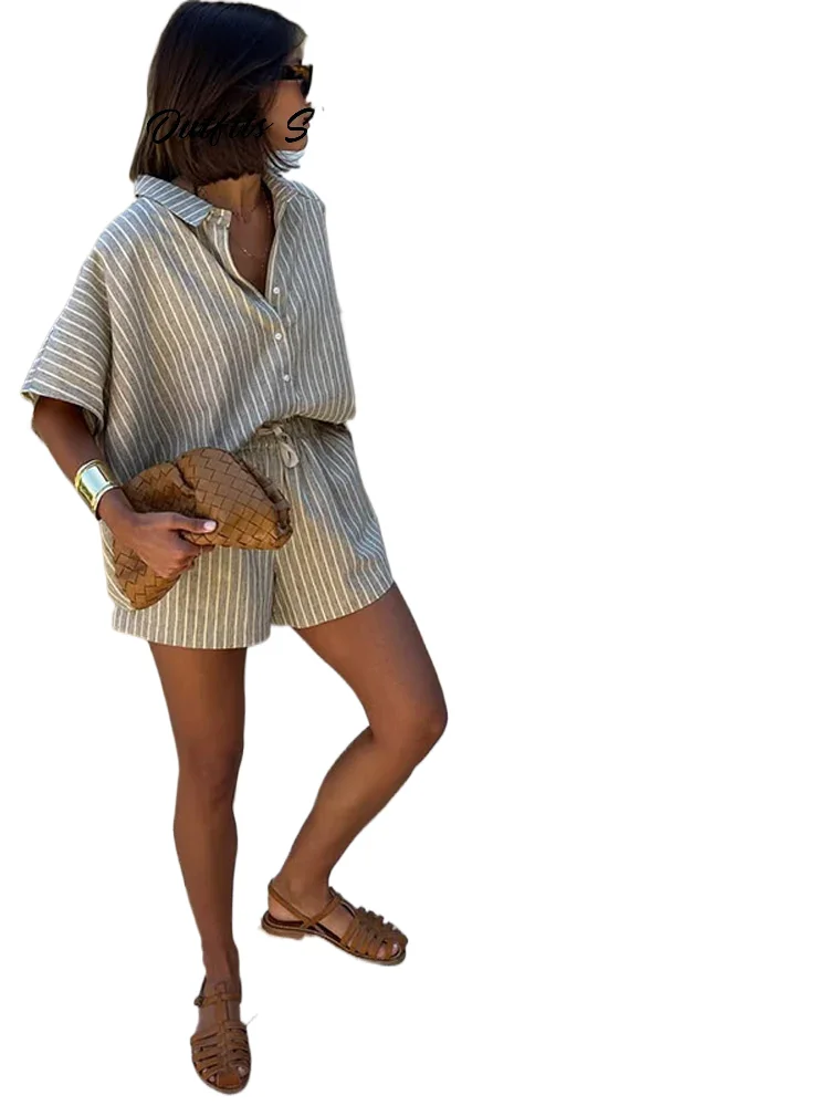 

Casual Striped Lace Up Women Shorts Suits Lapel Half Sleeve Single Breasted Shirt Wide Leg Shorts 2025 Summer New Chic Lady Sets