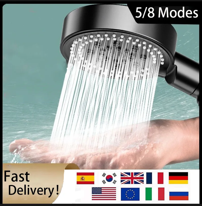 High Pressure Shower Head Adjustable 5/8 Modes Booster Shower Head Handheld Saving One-Key Stop Bathroom Shower Accessories