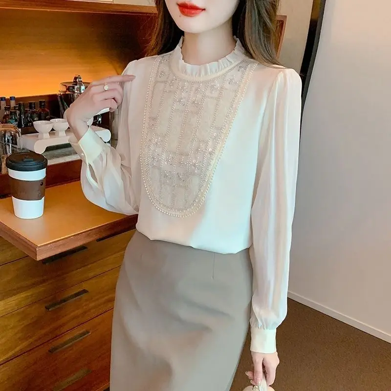 New Korean Style Solid Color Stand Up Collar with Black Fungus Edge Sequins Nail Bead Splicing Pullover Long Sleeved Chiffon