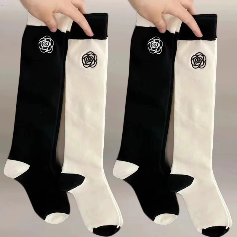 

1/2pairs Lolita Black White Camellia Rose Socks Spring Autumn JK Style Japanese Long Leg Socks High Tube Warm Cotton Stocking