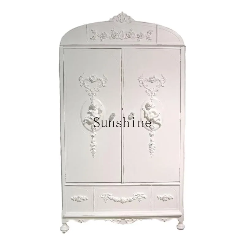 

French retro old angel carved solid wood wardrobe double door children's wardrobe