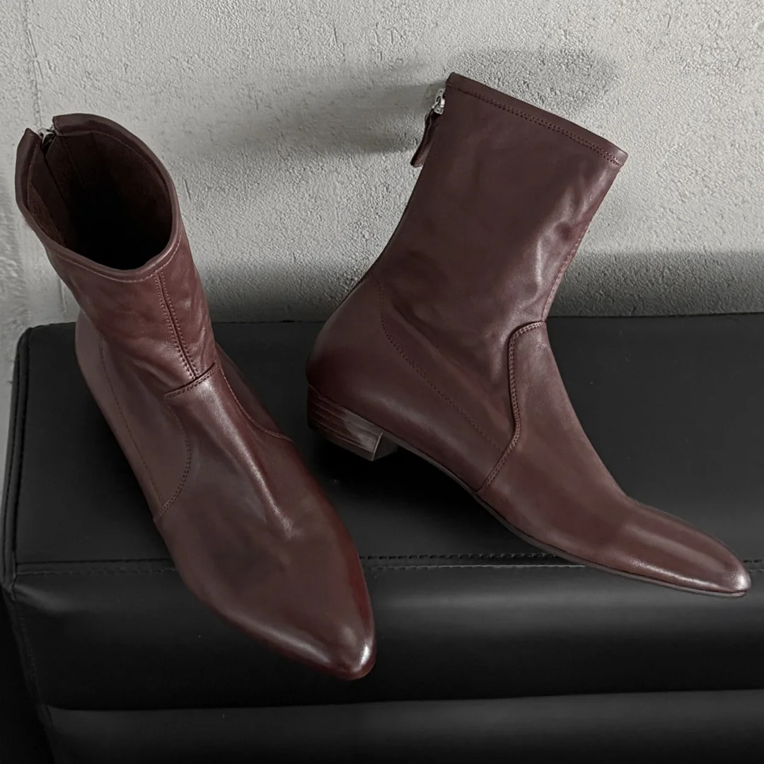 

Women's cow leather pointed toe back zip autumn ankle boots 2cm kitten heel elegant ladies slim daily dress shoes for woman sale