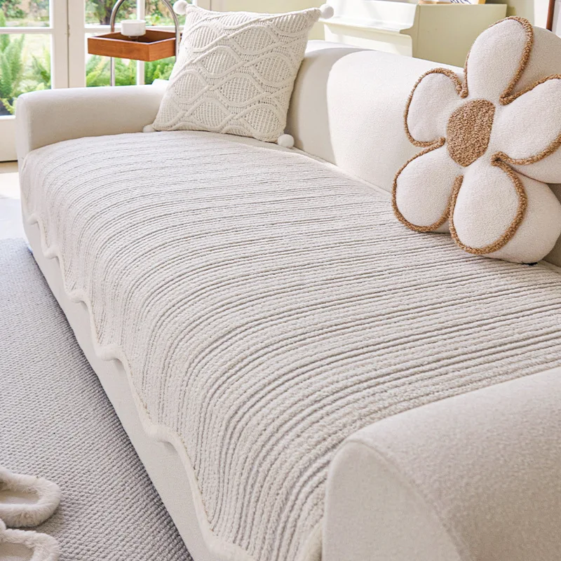 Modern Striped Jacquard Irregular Sofa Cushion Solid Fine Velvet Easy-Care Couch Slipcover Comfort Anti-Stain Home Accessories