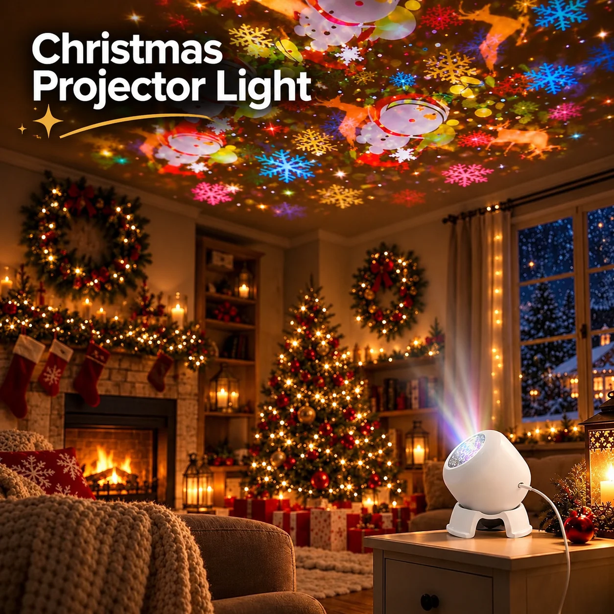 USB Powered Christmas Projector Light 360° Rotating Dynamic Snowflake Projection Bedroom Atmosphere Lamp for Holiday Party Decor
