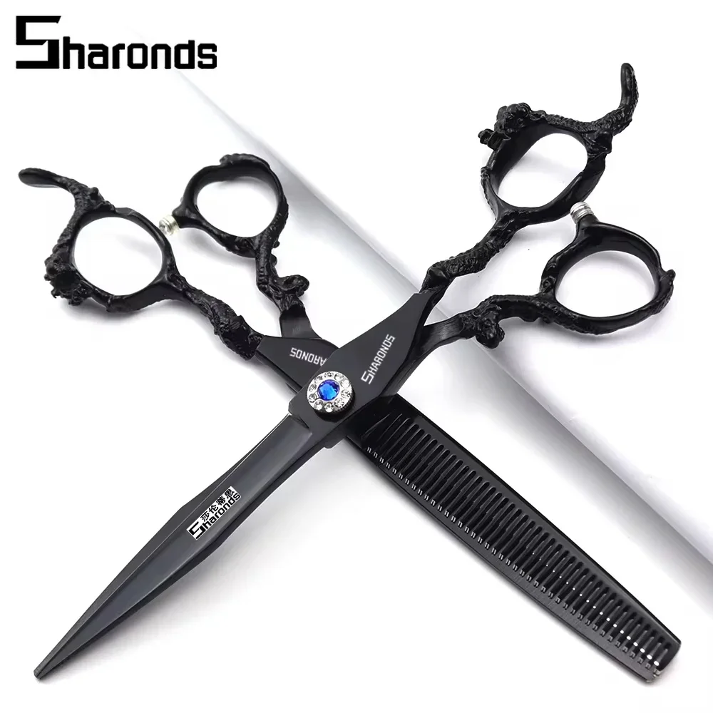 SHARONDS Hairdressing Scissors Professional Pure Black 7 Inch Barber Dedicated Shears Japanese 440C Specificlied Steel Clippers