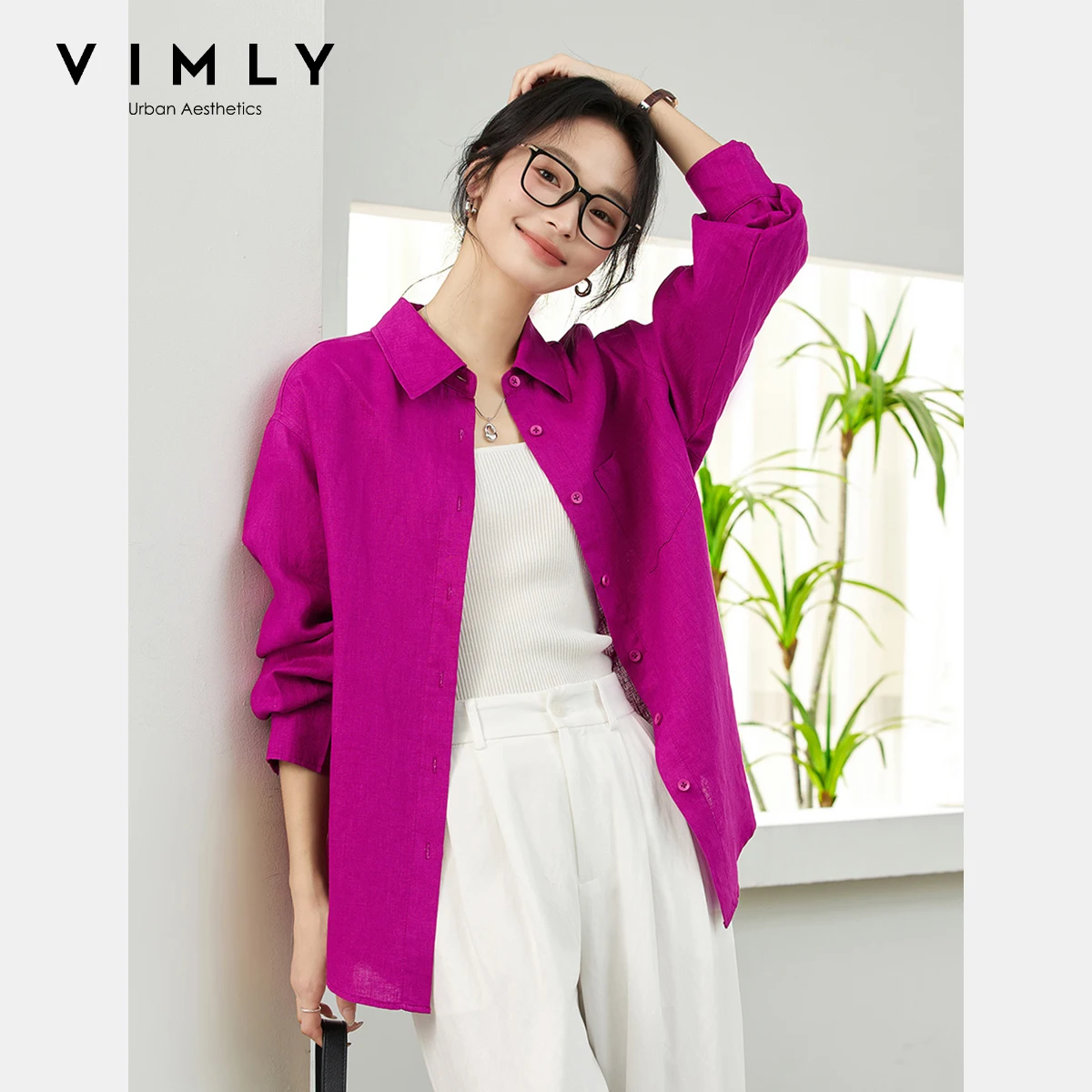 

Женская льняная рубашка VIMLY 2026: Элегантная блузка оверсайз с длинным рукавом на пуговицах для женщин, весна-осень, A2050