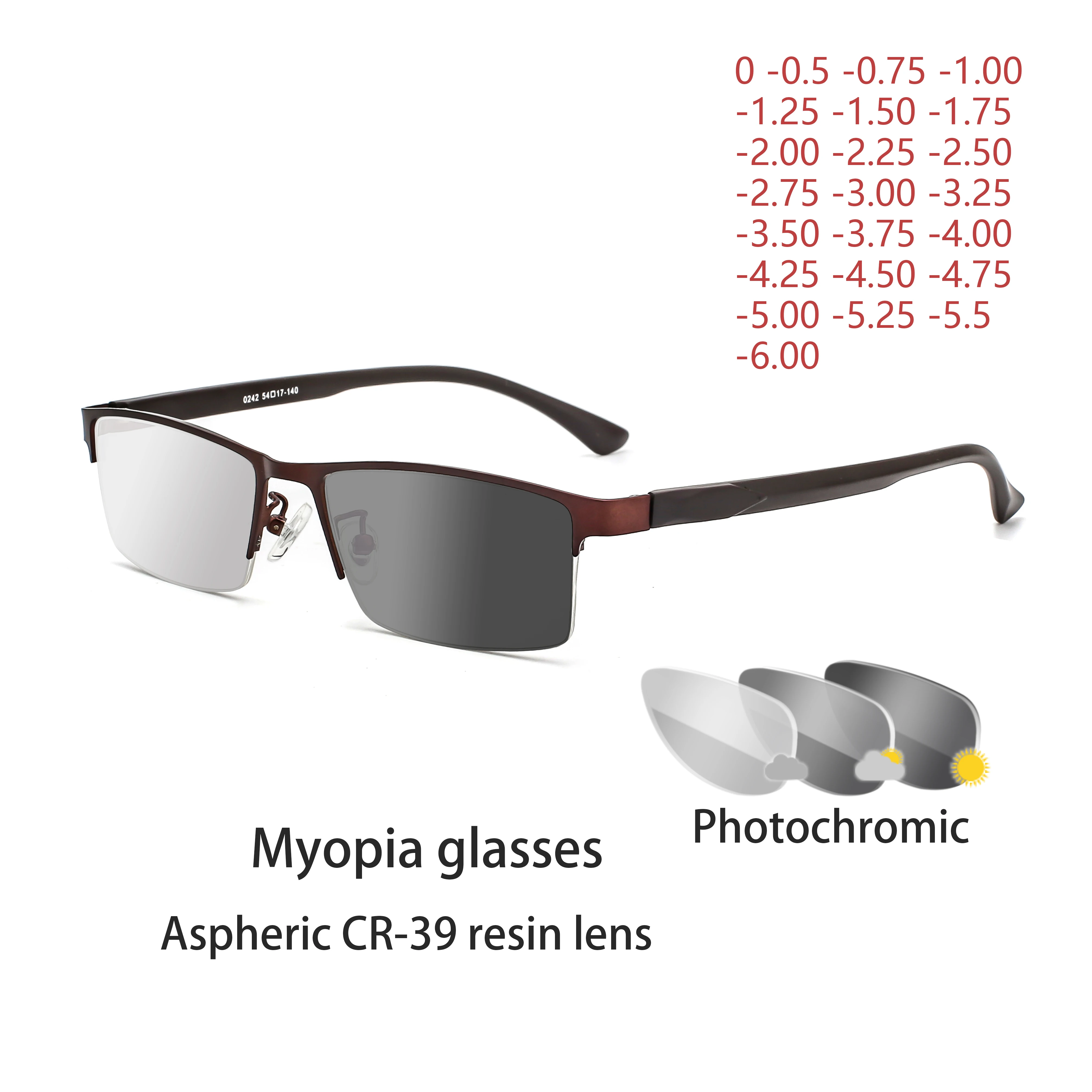 Men's and women's photochromic myopia sunglasses, chameleon lens diopter correction myopia glasses -0.5 to 0.75 -1.0 -2 to -6