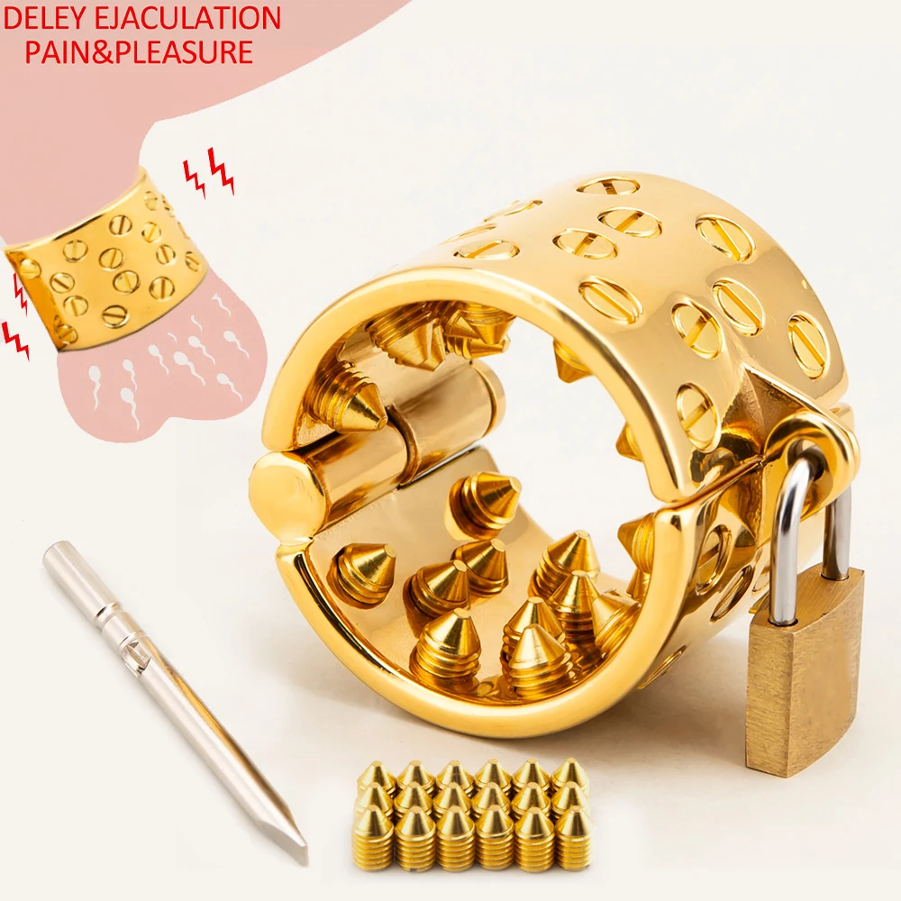 

Gold Testicles Ball Stretcher Metal 4 Rows Removable Spiked Penis Ring Weight Cock Ring Chastity Scrotum Pendant CBT Sex Toys