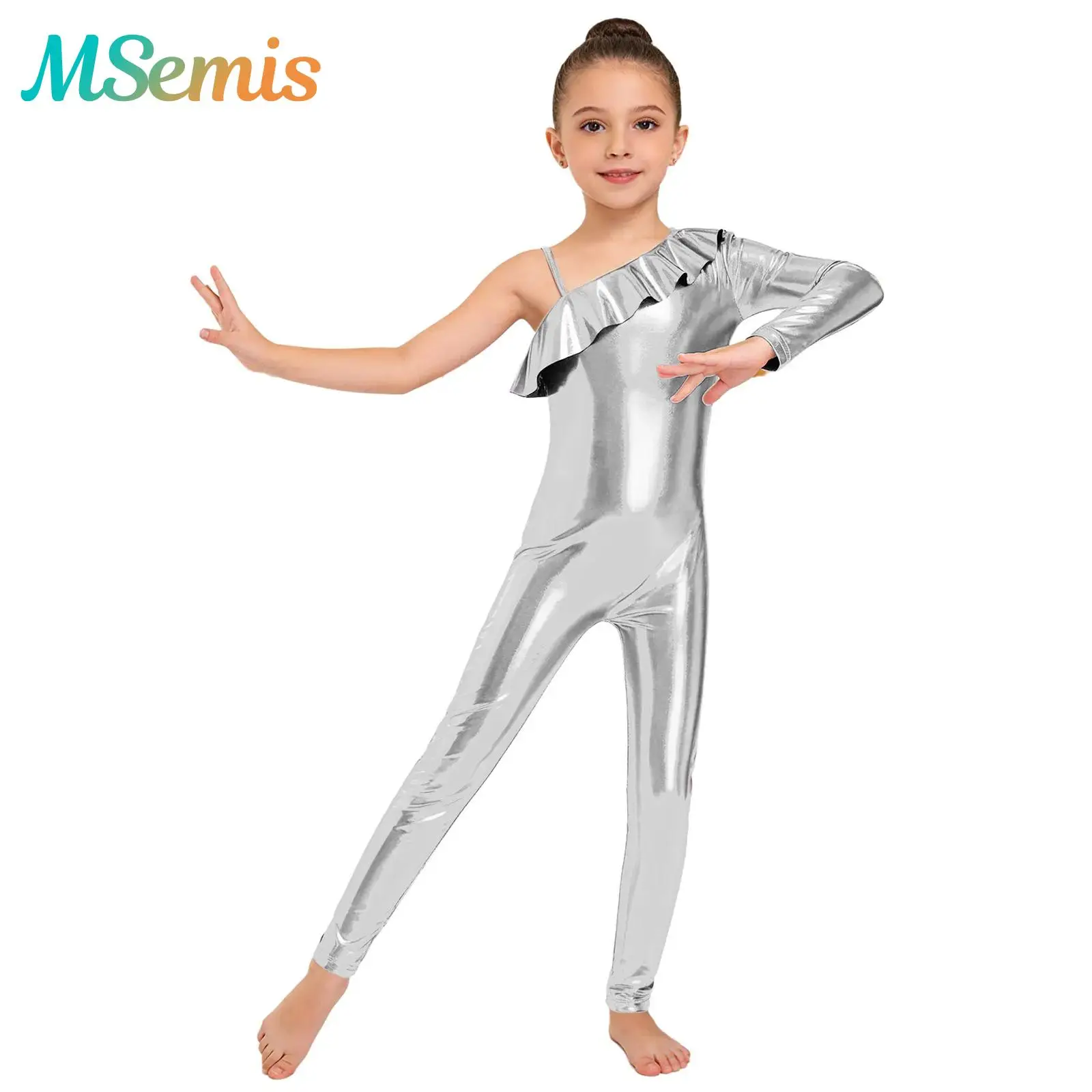 

Kids Girls One Shoulder Ballet Dance Performance Jumpsuit Jazz Dance Costume Ruffle Zipper Shiny Metallic Holographic Unitards
