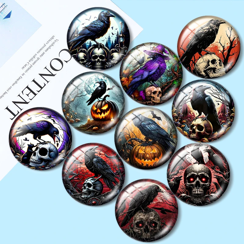 

Raven Skull Hallowe 10pcs 12mm/18mm/20mm/25mm Round photo glass cabochon demo flat back Making findings