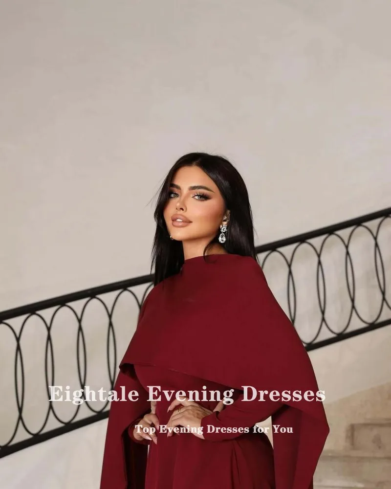 Eightale Arabisches Abendkleid für Hochzeit, Party, lange Ärmel, O-Ausschnitt, Burgunderrot, dehnbar, Meerjungfrau, individuelles Abendkleid