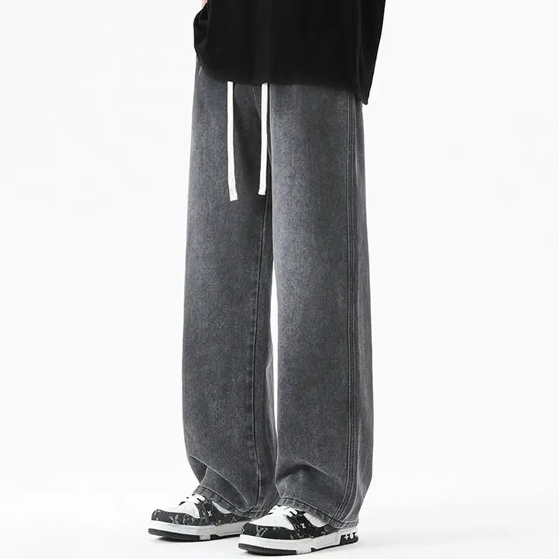 새로운 한국 남성 캐주얼 롱 청바지 클래식 남성 스트레이트 레그 데님 와이드 레그 팬츠 솔리드 컬러 AMI AMORING 블랙 라이트 블루