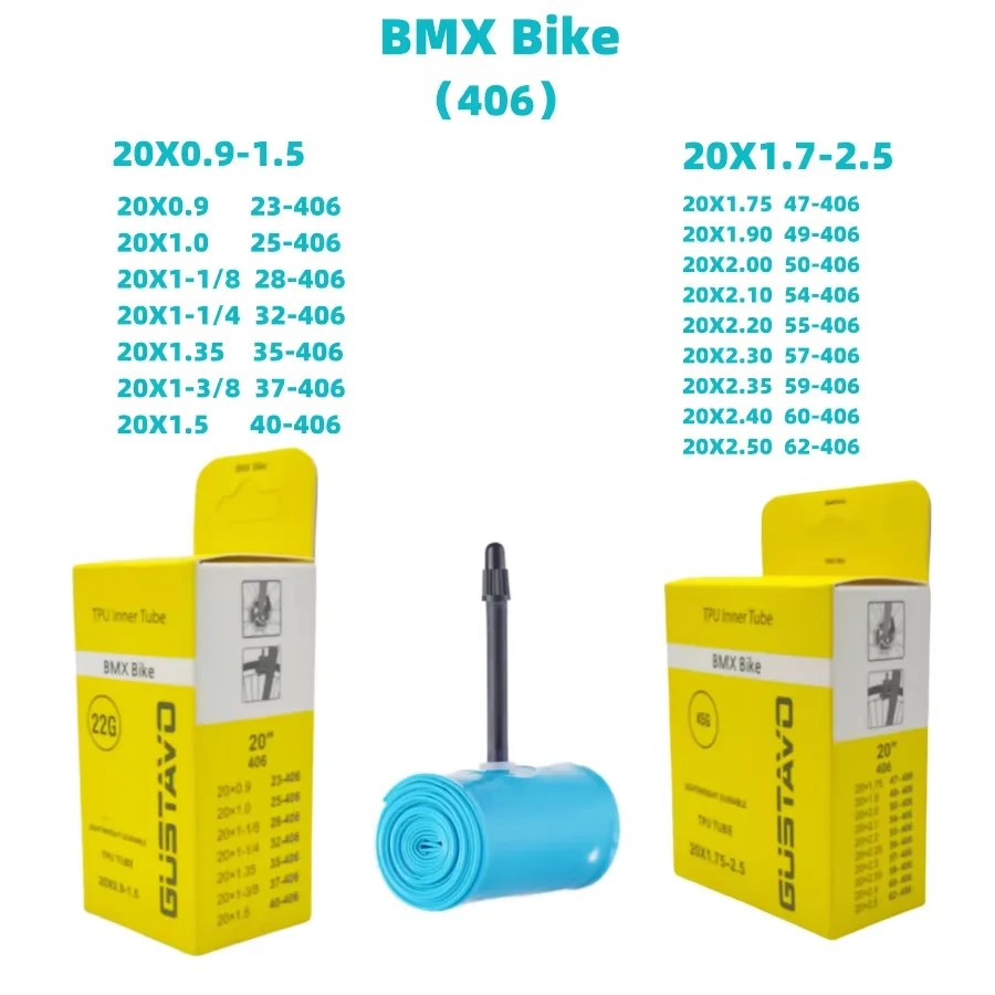 

GUSTAVO TPU Tube BMX Bike Folding Bicycle Inner Tube 20X0.9-1.5/20X1.75-2.5 (406) 45mm 65mm Length French Valve