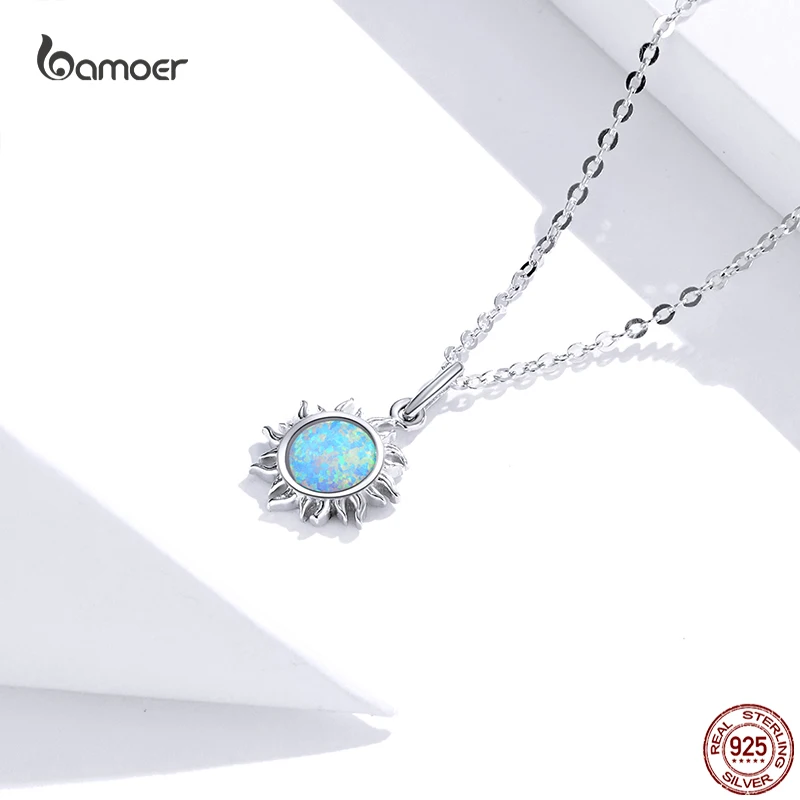 Bamoer 925 Sterling Silver Dazzling Sun Ladies Pendant Necklace Fine Opal Wedding Couple Confession Jewelry gift for Girl GXN399