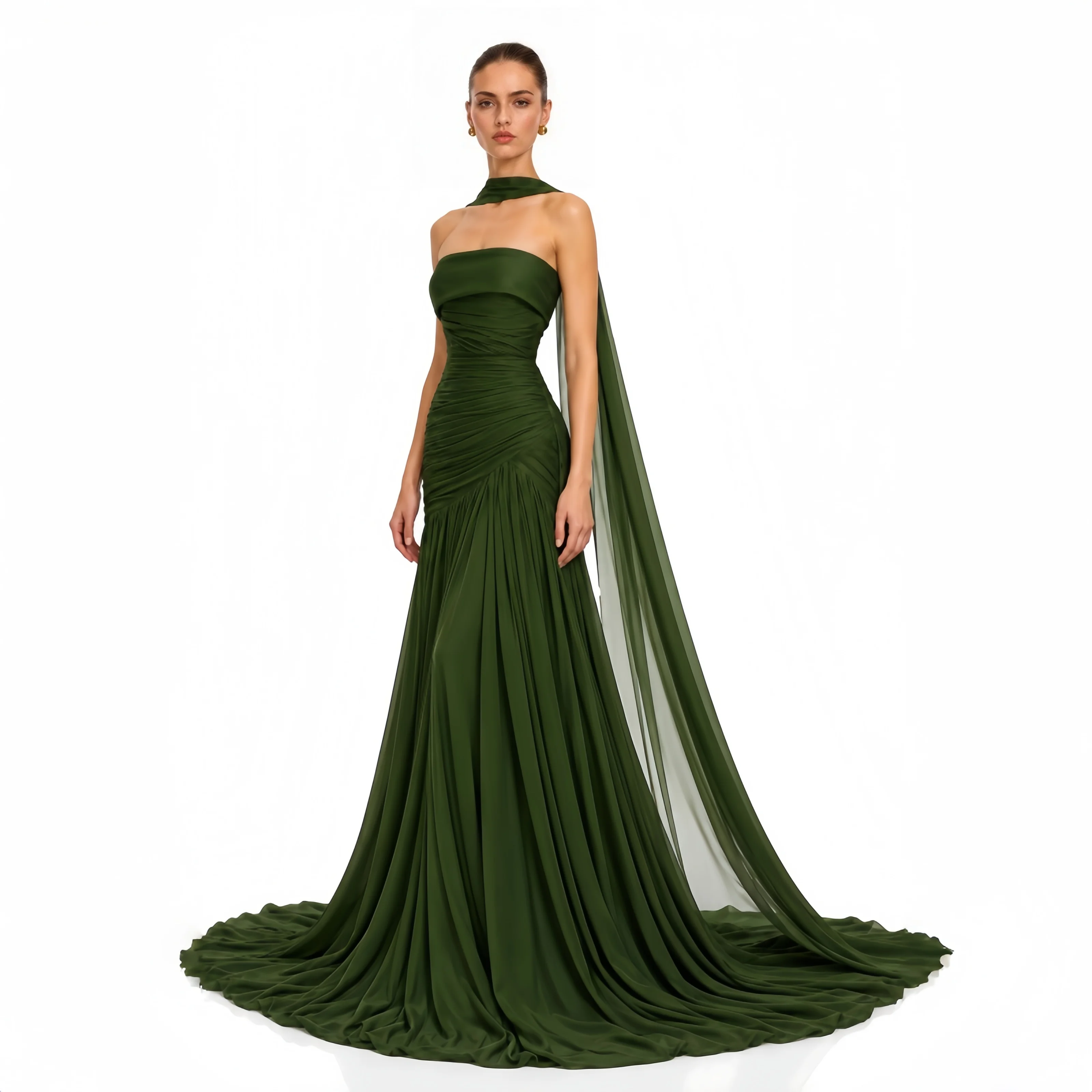 Women's Mermaid Evening Dresses Floor-length Strapless Sleeveless Prom Dresses Fashion Stole Simple Draped Gown Vestido de festa