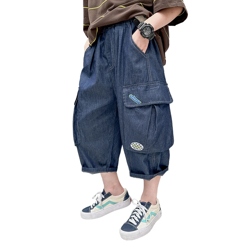 Korean Kids Casual Denim Cargo Shorts With Side Pocket For Tween Boy Summer Casual Bottons Teens Child Jeans Capris Pants 5-14Y