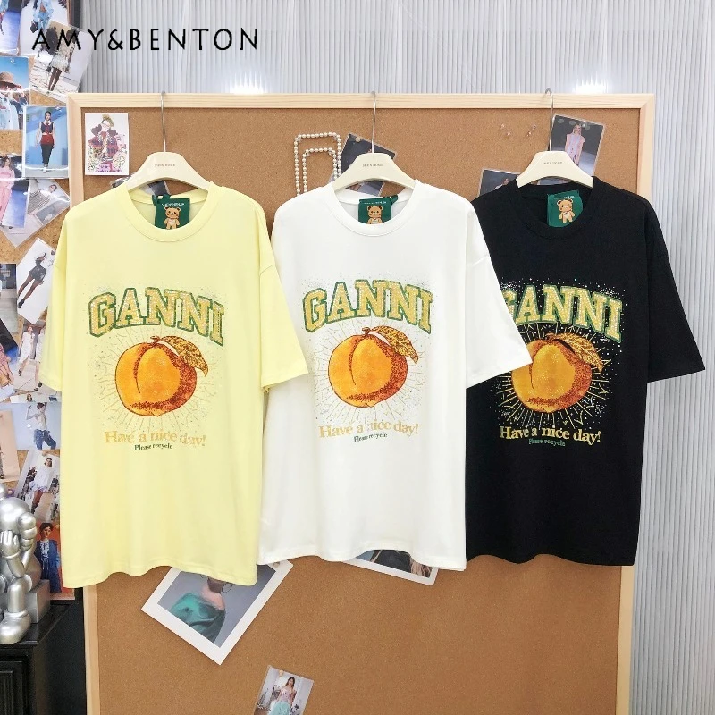 

Korean Style Fashion Versatile Handmade Diamond Drills Orange Print Top Tees Casual Loose Short-sleeved T-shirts Y2k Clothes