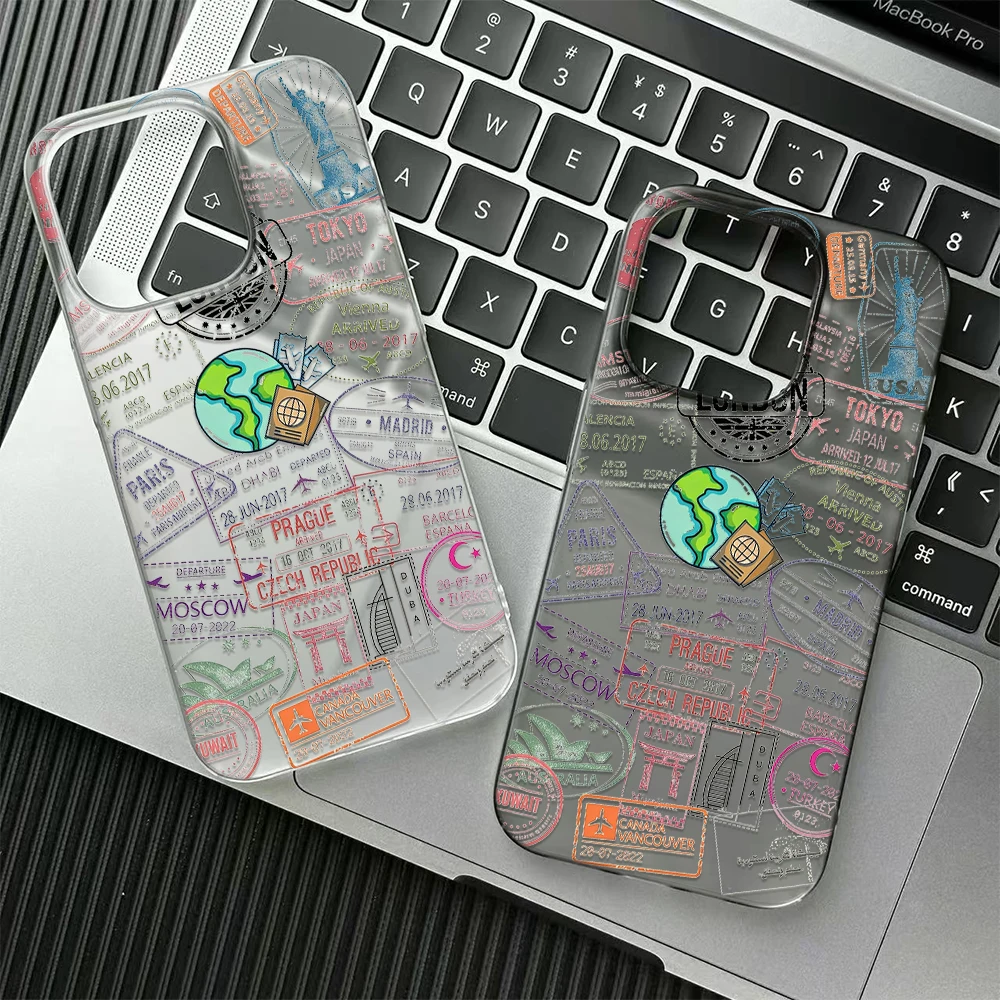 Vintage Travel Passport Stamp Phone Case For iPhone 17 16 15 14 Plus 13 12 11 Pro Max 17 Air World City Landmark Clear Soft Case