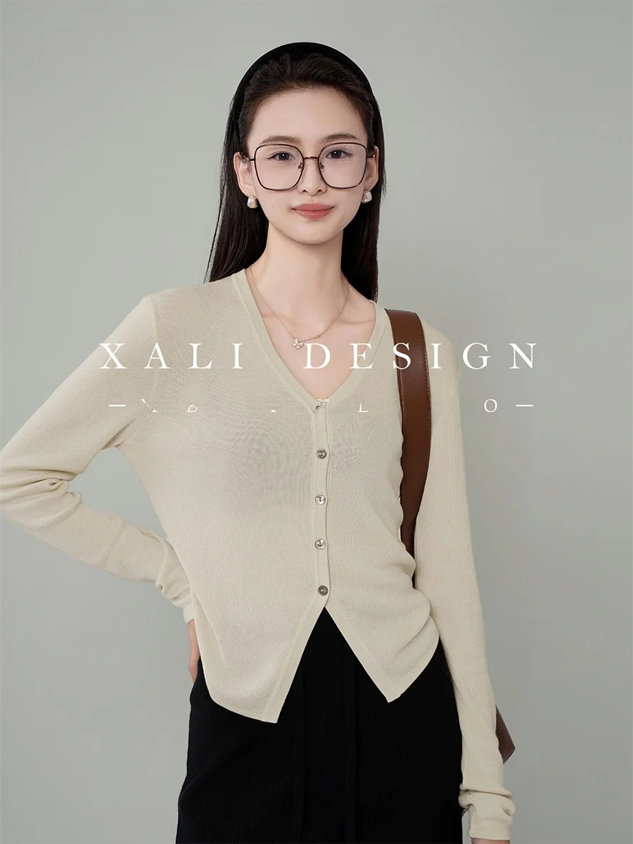 

XALI женский приталенный трикотаж кардиган абрикосового цвета V-Ne Long Sve Regular Fit Commute Sle весенняя верхняя одежда