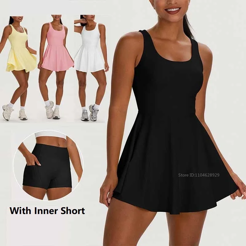 Fashion Sports Tennis Mini Skirt Backless Sports Dress Women Built in Shorts Pleated Yoga Dresses with Bra Pad Outdoor Fitness