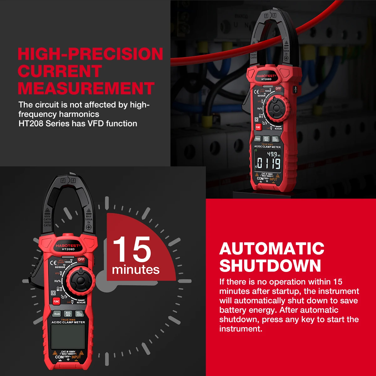 Pinza amperimétrica Digital HT208 206 Pro, 1000A, 1000V, Corriente CA y CC, alicates True RMS, amperímetro, voltímetro, VFD, REL, Ohm, probador de