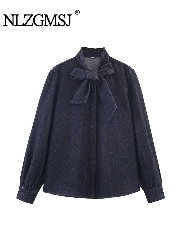 

Nlzgmsj Autumn Office Lady Elegant vintage Long Sleeves Solid Color Shirt With Bow Women Denim Shirts