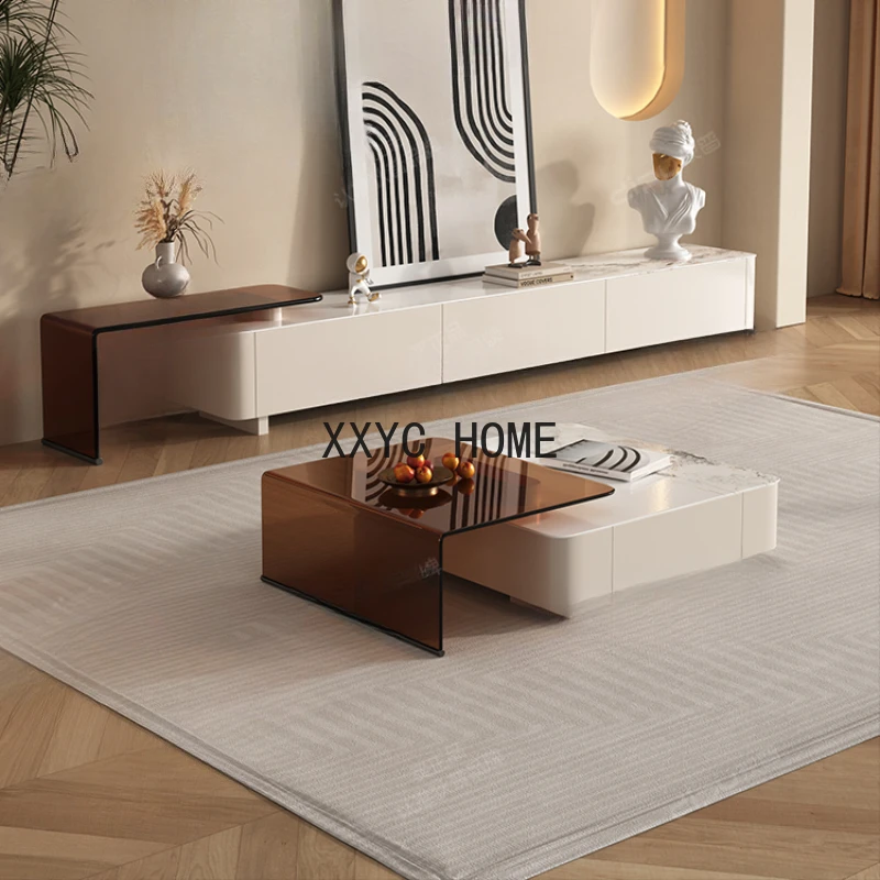 

Stone Plate Coffee Table TV Cabinet Combination Modern Simple Home Small Apartment Living Room Retractable Cabinet