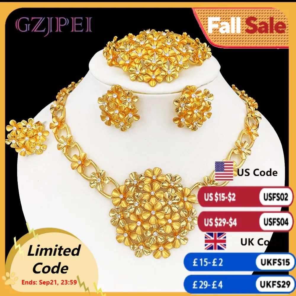 

GZJPEI Africal Big Flower Jewelry Set Dubai Nigeria Wedding Gifts 18K Gold Plated Large Pendant Necklace Bracelet Earring Rings