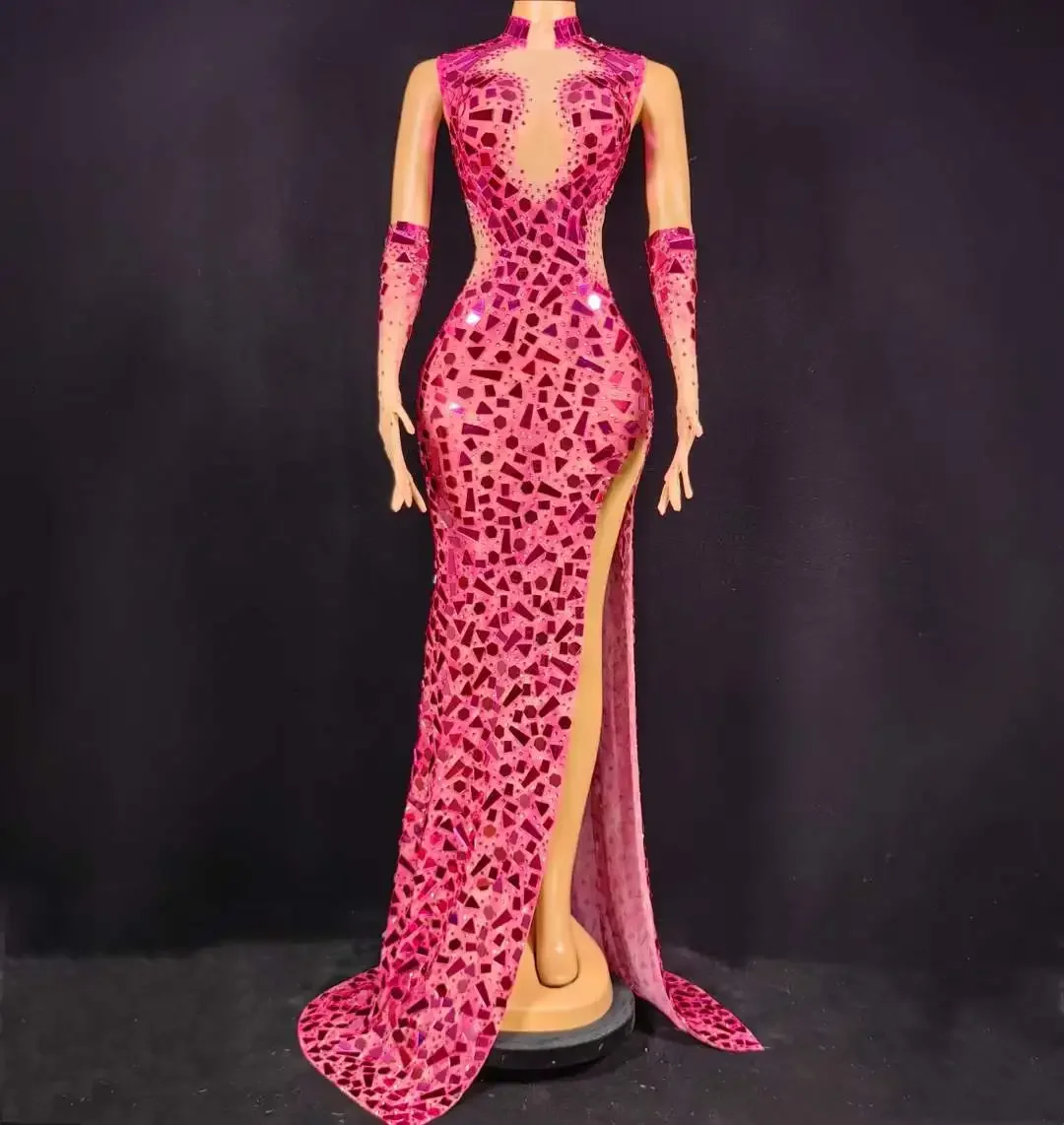 Impresionante vestido de lentejuelas con espejo y diamantes de imitación para mujer, vestido de actuación en escenario de cumpleaños con guantes, disfraz de Drag Queen, fotografía