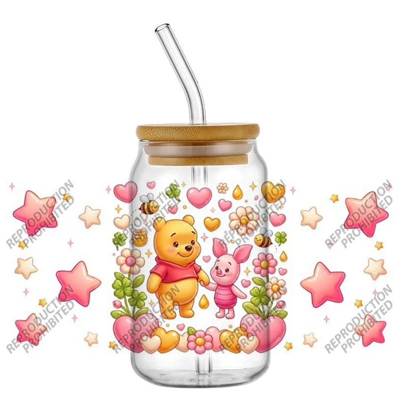Popular Cartoon Lovely Pooh Bear Eeyore Stars Hearts 16oz UV DTF 3D Transfer Sticker Decals For Glass Can Cup Craft DIY Creative