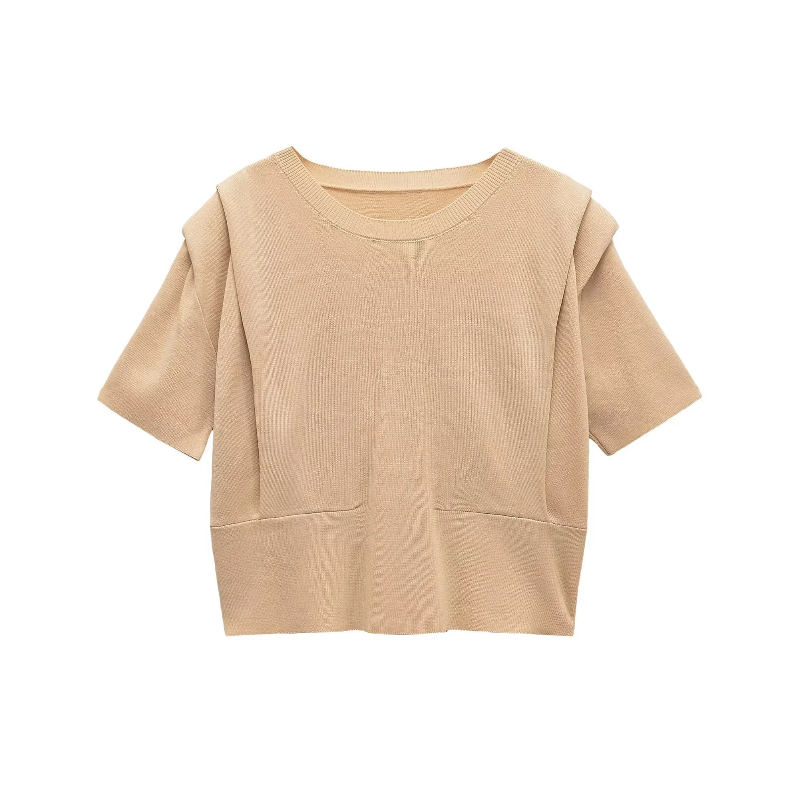 

PB&ZA2025 autumn new women's casual fashion temperament versatile padded shoulder round neck short-sleeved knitted top