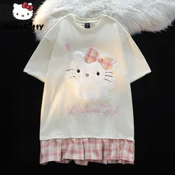 Sanrio Cute Hello Kitty Embroidery Summer New Short Sleeve T-shirt Women Patchwork Versatile Mid Length Tops Y2k Harajuku Tees