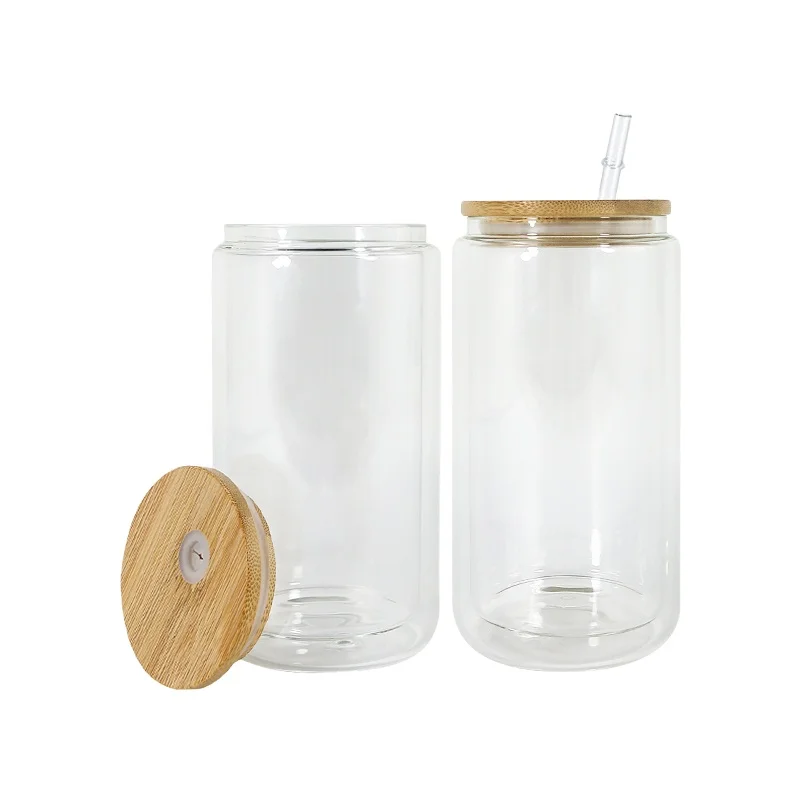 10pcs-100pcs 16oz Sublimation Clear Glass Cups Double Wall Glass Can Blanks DIY Snowglobe Snow Globe Tumbler With Bamboo Lids