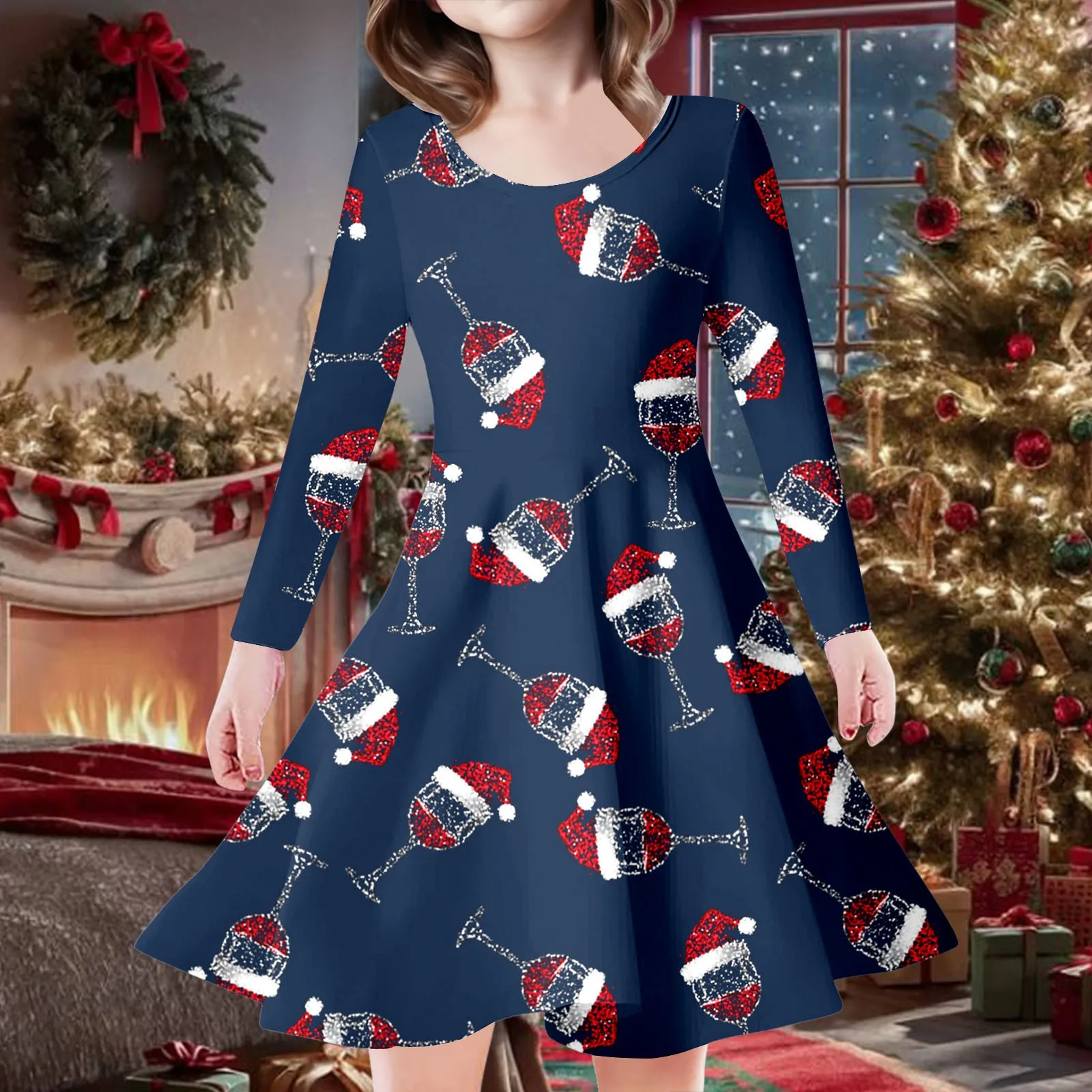 2024 New Year Party Dress For Kids Full Printing Xmas Elk Snow Cartoon Girl Dresses Long Sleeve Casual Baby Girl Dresses Clothes