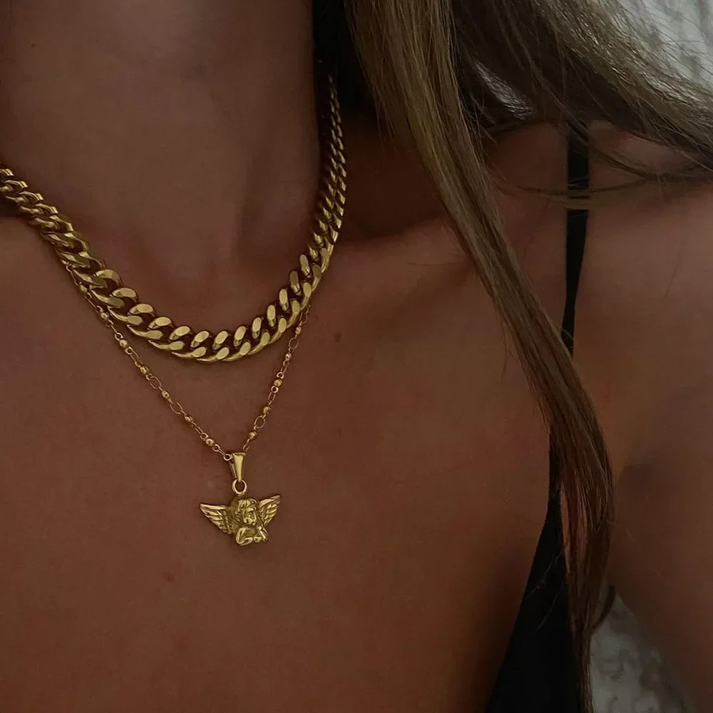 Boho Multilayer Geometric Thick Chain Angel Pendant Necklace For Women Female Fashion Vintage Gold-plate Punk Choker Jewelry Gif