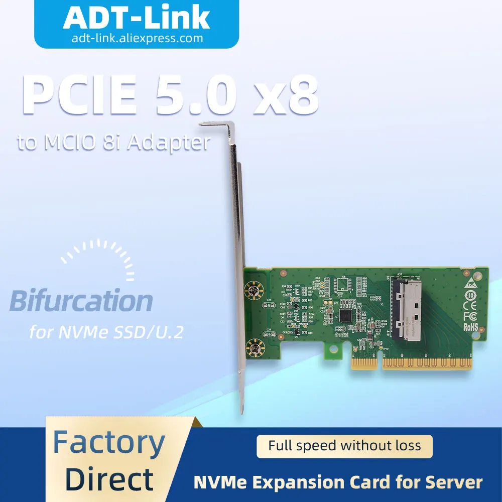 PCIe 5.0 x8 to MCIO 8i Adapter Card Supports 2 NVMe SSDs Requires Motherboard Bifurcation for Windows/Linux/FreeBSD/Redhat