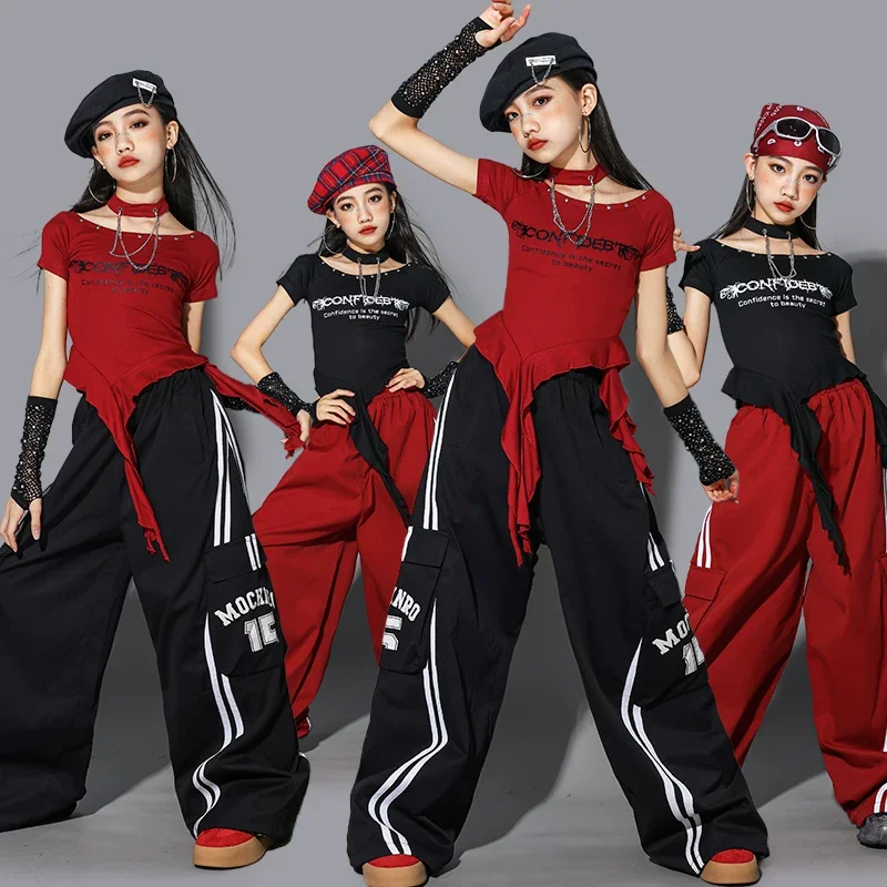 Ragazze K-pop Crop Top Street Dance Pantaloni larghi Cool Hip Hop Jazz Abiti a maniche corte Set Gruppo Streetwear Spettacolo teatrale Costume