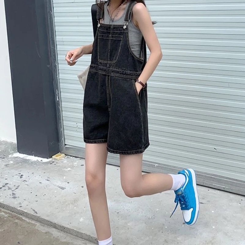 Denim Rompers Women Wide Leg Loose Korean Style Students Solid Summer Playsuits Leisure Trendy Pockets Streetwear All-match Soft