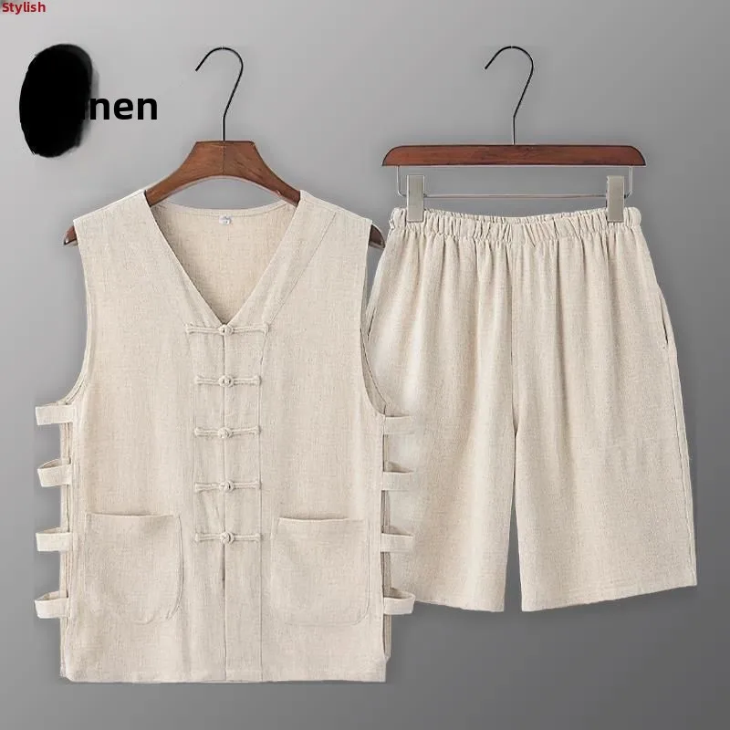 

Мужской свободный крой, дышащий тонкий жилет ort Sve и комплект на пуговицах в стиле ретро, хлопковая летняя одежда без подкладки