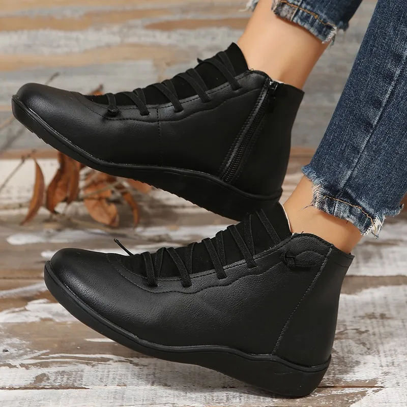 WOMEN ANKLE BOOTS Short Leather Chelsea Flat Shoes Cowboy Sneakers Combat Boots Black Vintage Moccasin  Plus-size