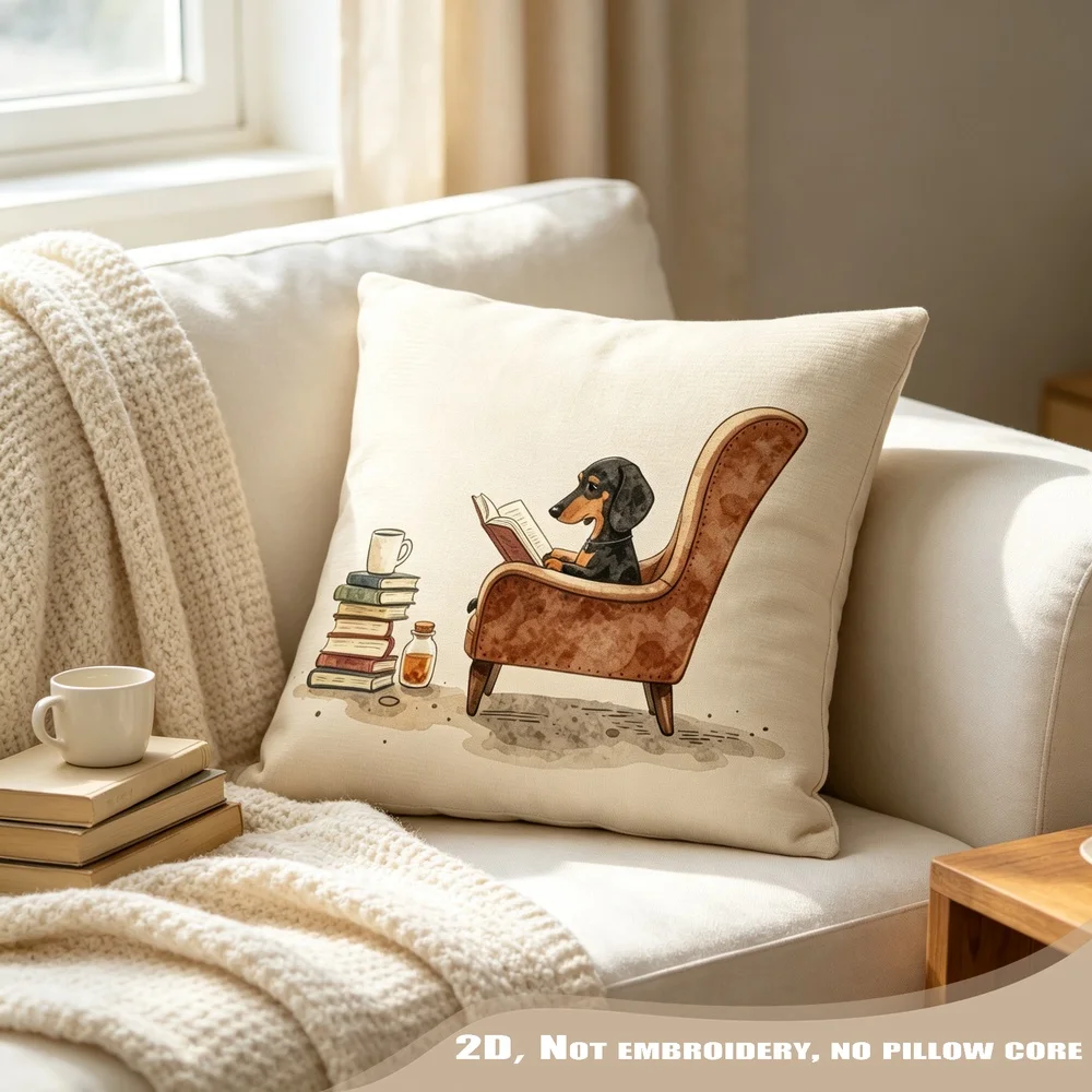 1PC Dachshund Reading Armchair Dog Pillow CoverPolyester Cushion Case for Sofa Couch Living Room Bedroom Home Decor