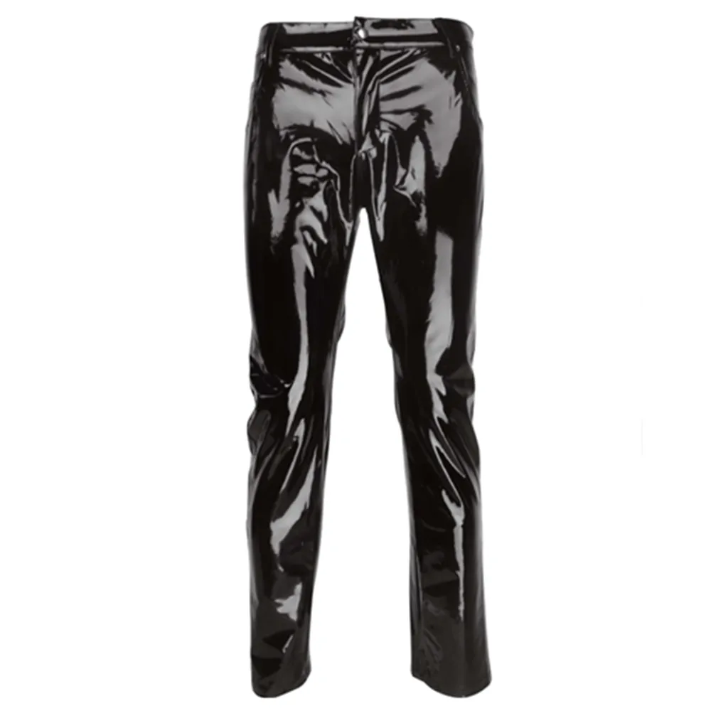 Pantalones de látex de PVC brillante para hombres, pantalones negros de motocicleta, pantalones de conducción de cuero de imitación a la moda,