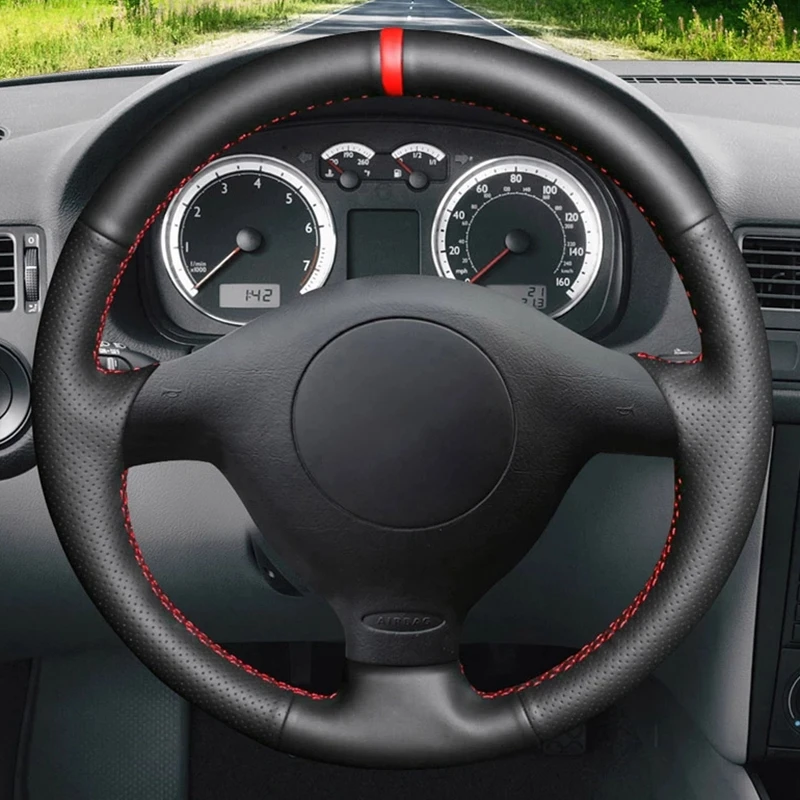 Black Artificial Leather Car Steering Wheel Cover For Seat Leon MK1 (1M) 1998-2005 Skoda Fabia RS 2003 Fabia 1 (6Y) 2004-2005