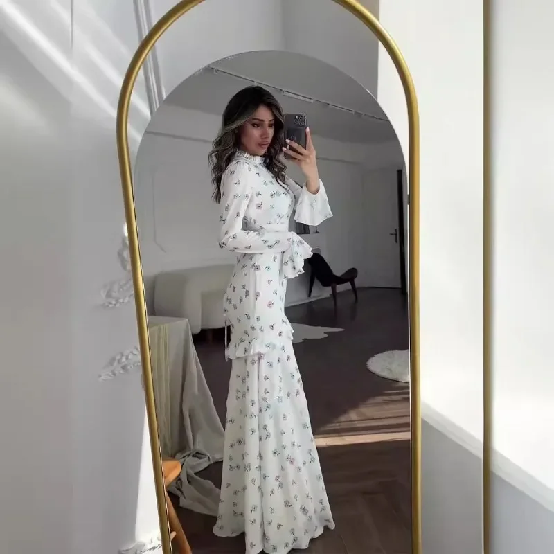 

Spring and Summer New Gentle Style Long Sleeve Oversized Swing Skirt Small Fresh Floral Floral Lotus Leaf Edge Length Dress 2025