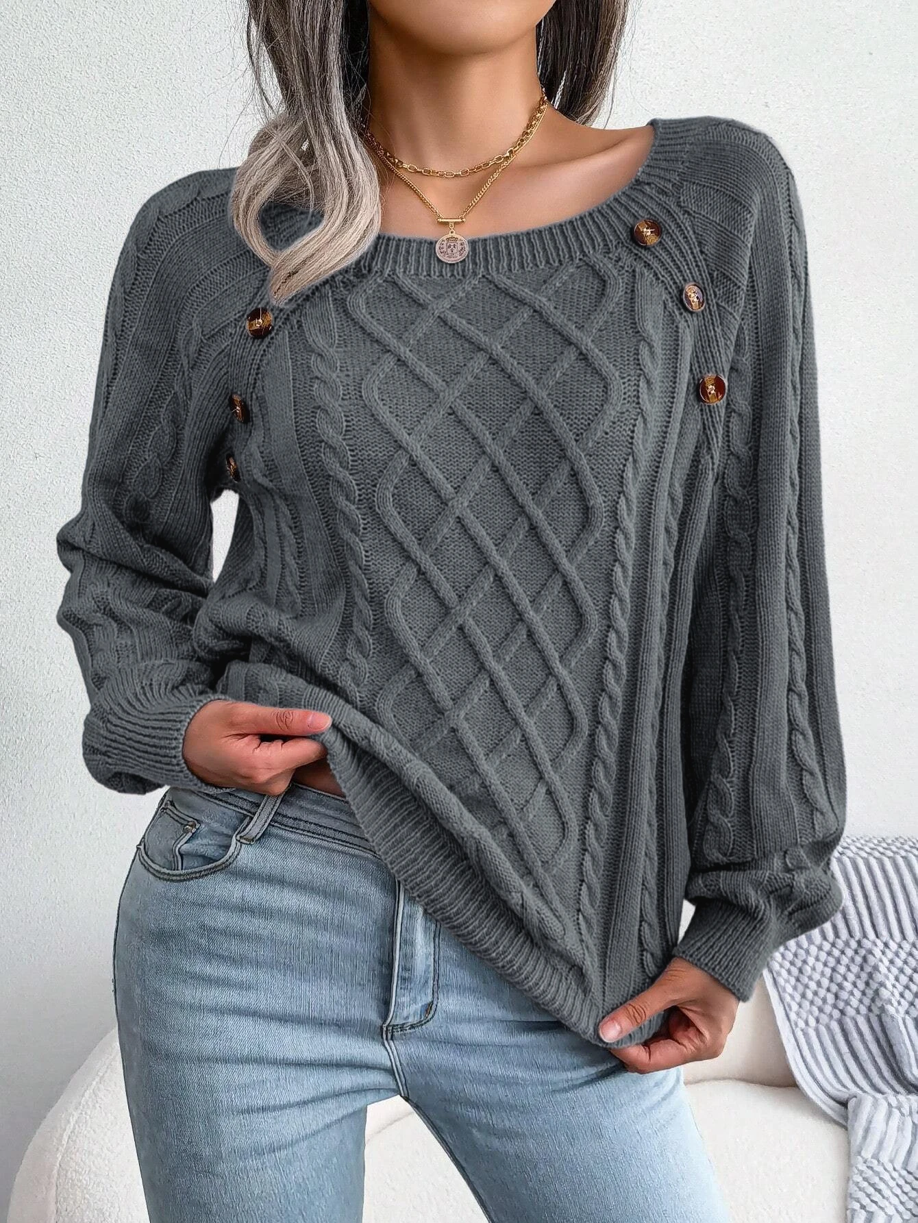 Elegant Women Cable  Knit Pullover Boat Neck Long Sleeve Side Decor Button Loose Knit Top