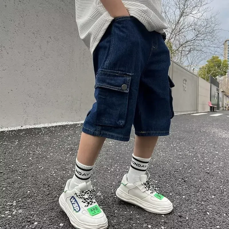 Harajuku Capris Mid Rise Men's New Versatile Literary Jeans Trend Lazy Children's Wear Japanese Fashion Summer